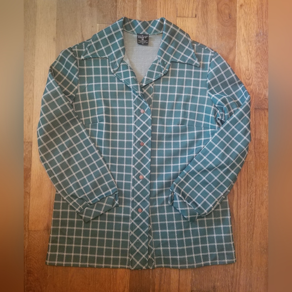 Vintage 70s Collared Polyester Casual Button Up Green/Tan Vtg Sz 16